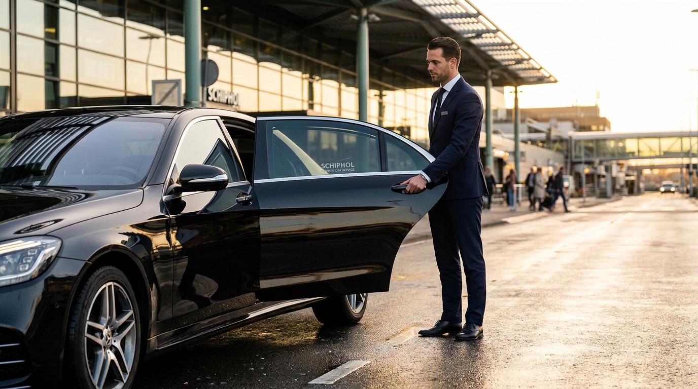 VOYA chauffeur opent het portier van een Mercedes S-Klasse bij Schiphol